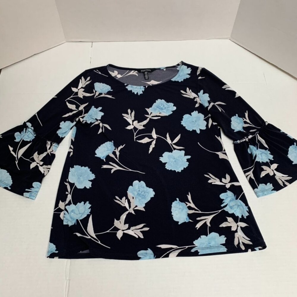 Ellen Tracy Womens M Dark Navy Blue w/Large Blue Floral Print Bell Sleeves Shirt